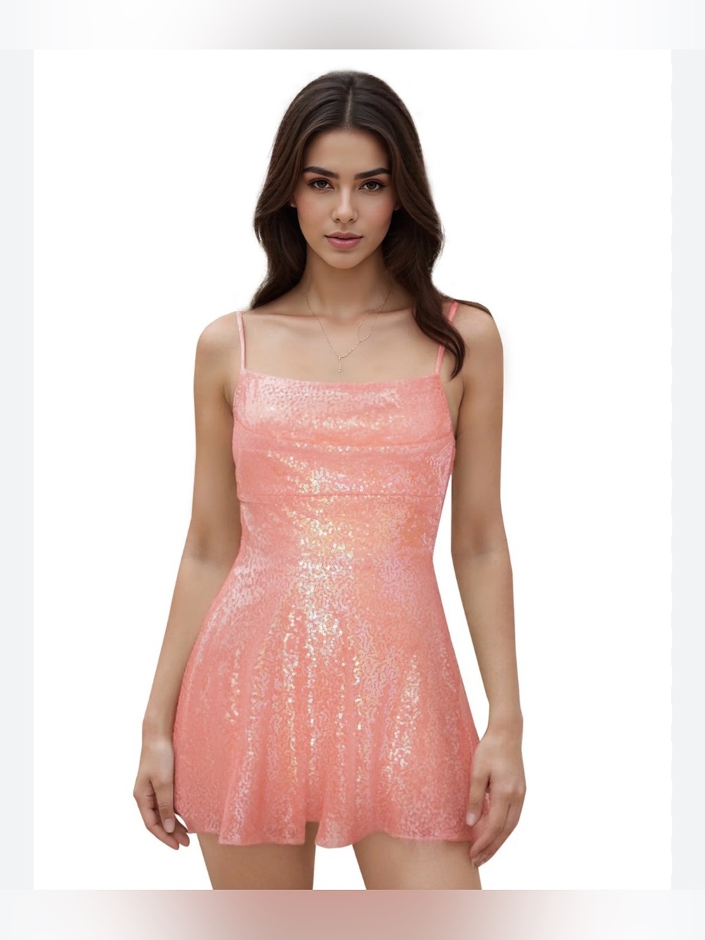 NWOT Peach Coral Sequin Spaghetti Strap Mini Dress- size L